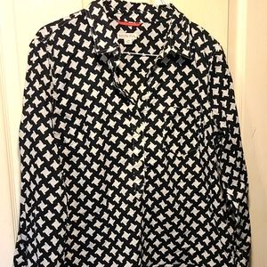 Merona L half button up collared blouse top black white geometric